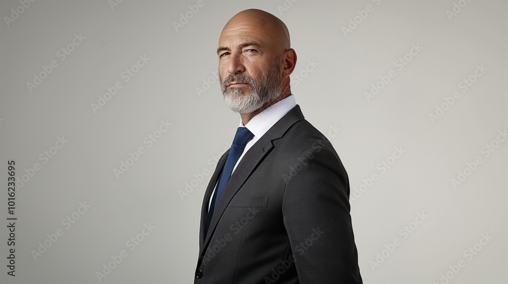 Man in suit with blue tie stands confidently against beige background. Mature adult with beard and balding head looks serious and focused. Formal attire, executive style, corporate pro. Man in suit with blue tie stands confidently against beige background. Mature adult with beard and balding head looks serious and focused. Formal attire, executive style, corporate pro.