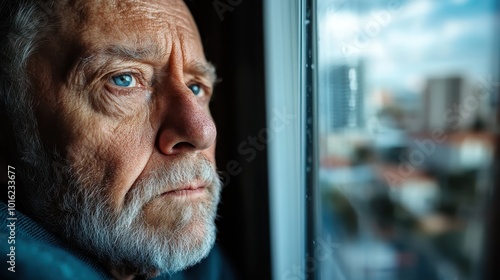 An elderly man gazes contemplatively out of a window, staring at the blurred city skyline in daylight, captivates by his deeply reflective and thoughtful expression. photo