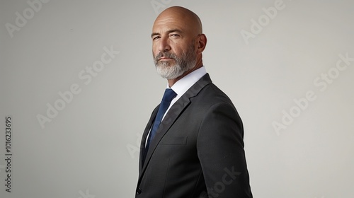 Man in suit with blue tie stands confidently against beige background. Mature adult with beard and balding head looks serious and focused. Formal attire, executive style, corporate pro.