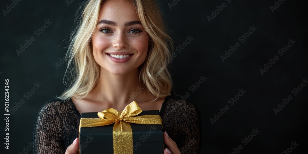 A woman holding a black gift box with a golden ribbon, isolated with space for text. Black Friday, Christmas, New Years banner. A woman holding a black gift box with a golden ribbon, isolated with space for text. Black Friday, Christmas, New Years banner.