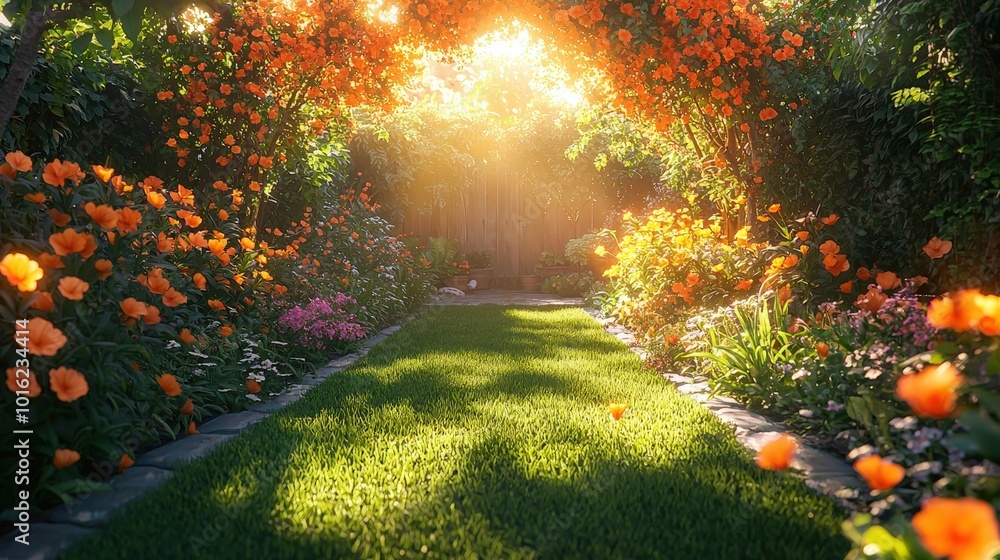 A serene garden path illuminated by the golden glow of sunset with vibrant flowers in full bloom A serene garden path illuminated by the golden glow of sunset with vibrant flowers in full bloom