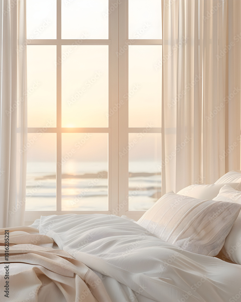 Sunrise outside the window of a minimalist room. 3d render. Sunrise outside the window of a minimalist room. 3d render.
