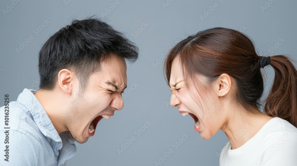 A tense confrontation between a man and a woman expressing anger in a neutral studio background A tense confrontation between a man and a woman expressing anger in a neutral studio background