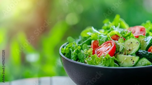 Fresh garden salad with tomatoes and cucumbers in a black bowl on a sunny day in a lush green setting