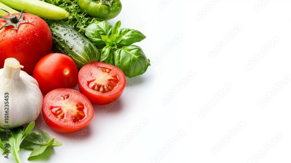 Fresh vegetables and herbs arranged on a white background, showcasing organic produce for healthy meals Fresh vegetables and herbs arranged on a white background, showcasing organic produce for healthy meals