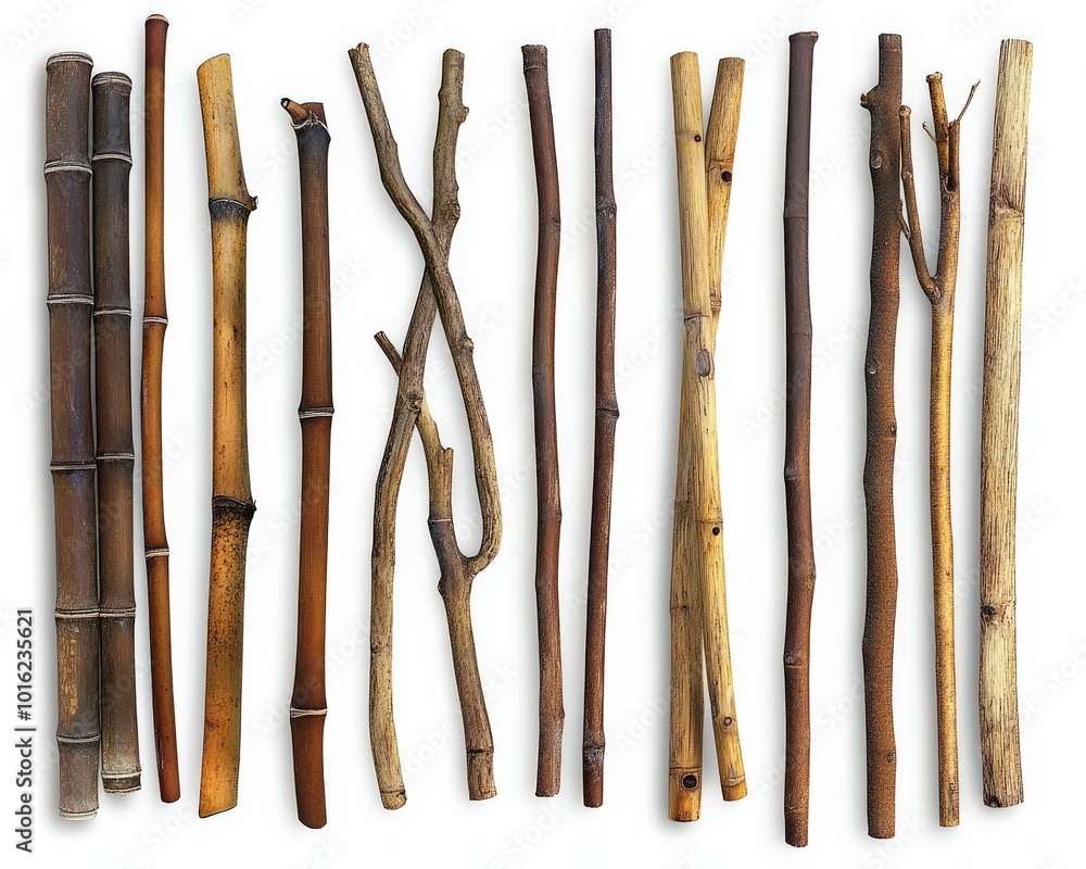Bamboo Stick Collection Isolated on White Background. Natural Plant Decor in Brown Wood Bamboo Stick Collection Isolated on White Background. Natural Plant Decor in Brown Wood