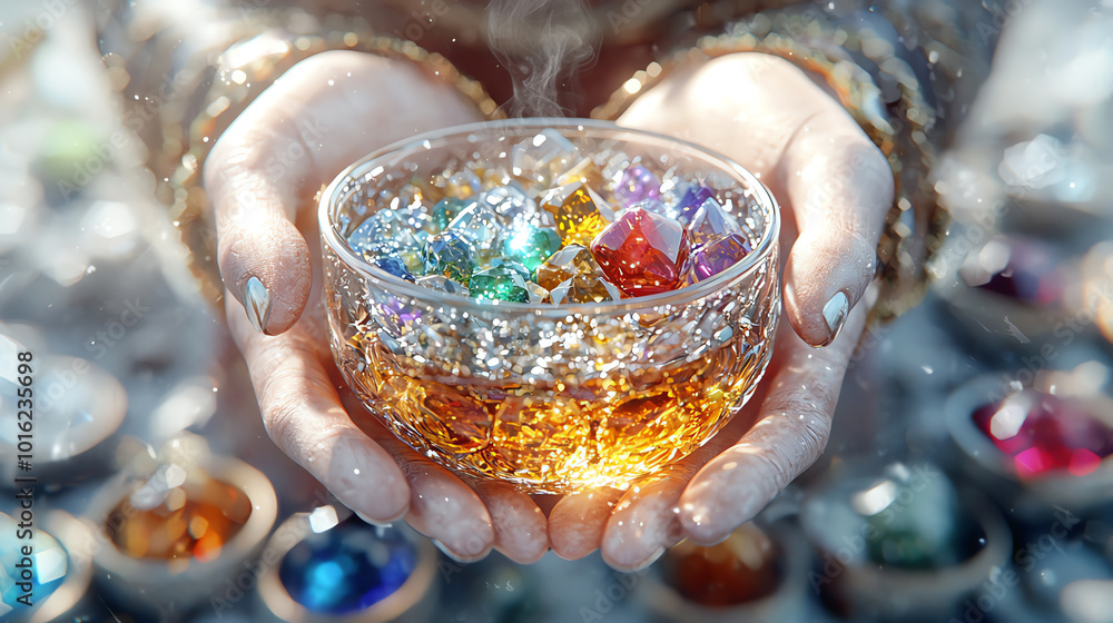 Hands holding a bowl filled with colorful gems and sparkling liquid. Hands holding a bowl filled with colorful gems and sparkling liquid.