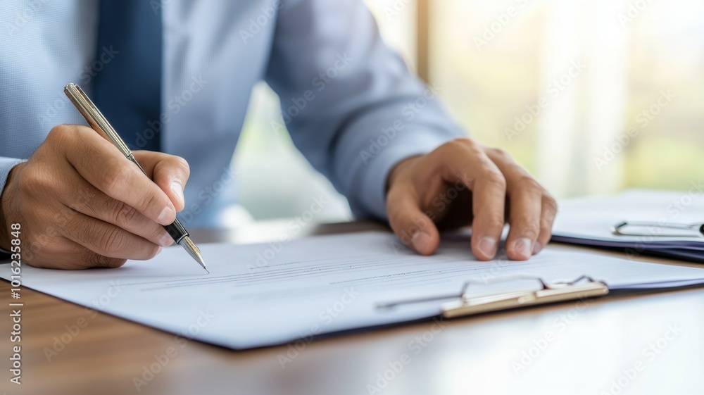 A person signing important documents in a well-lit office during the day A person signing important documents in a well-lit office during the day