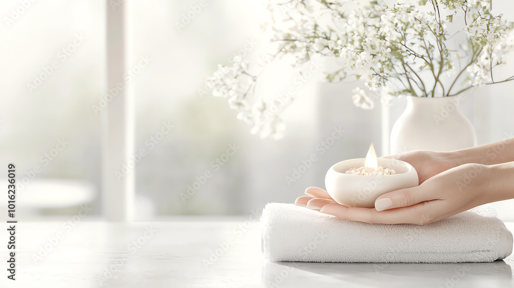 Serene hands holding a candle with white flowers in a soothing environment. Serene hands holding a candle with white flowers in a soothing environment.