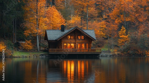 A warm, inviting wooden cabin rests peacefully on the edge of a calm lake. The vibrant autumn foliage adds a pop of color, reflecting beautifully on the water, creating a tranquil and picturesque