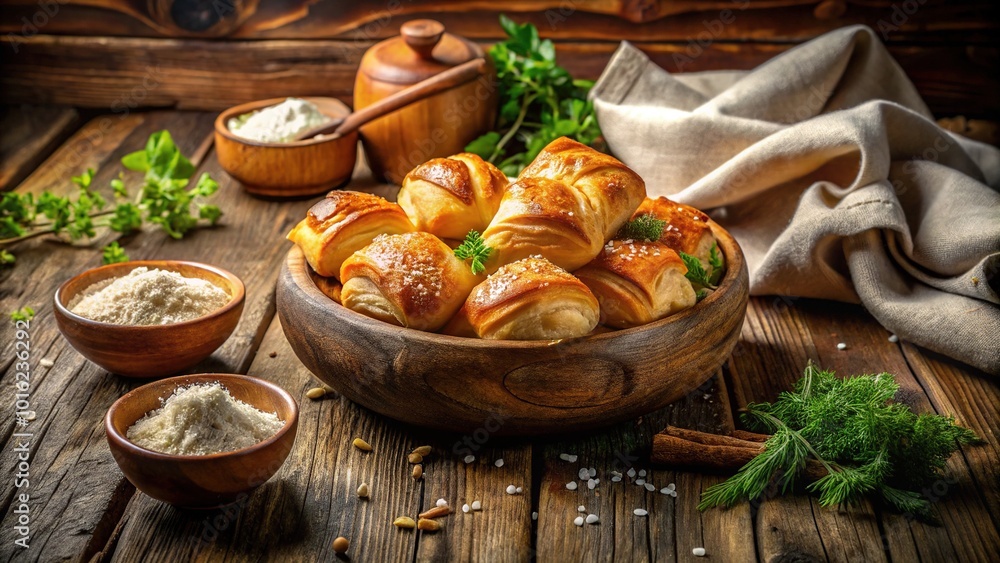 Freshly Baked Golden Pastries in Wooden Bowl on Rustic Table for Food Photography Freshly Baked Golden Pastries in Wooden Bowl on Rustic Table for Food Photography