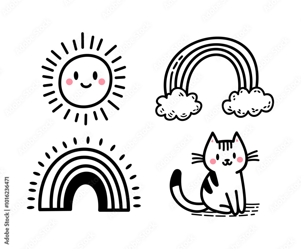 Fototapeta premium Cute Vector Doodle Illustrations Set - Smiling Sun, Rainbows, and Happy Cat