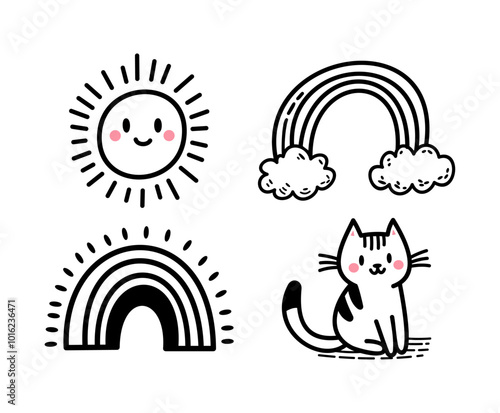Cute Vector Doodle Illustrations Set - Smiling Sun, Rainbows, and Happy Cat