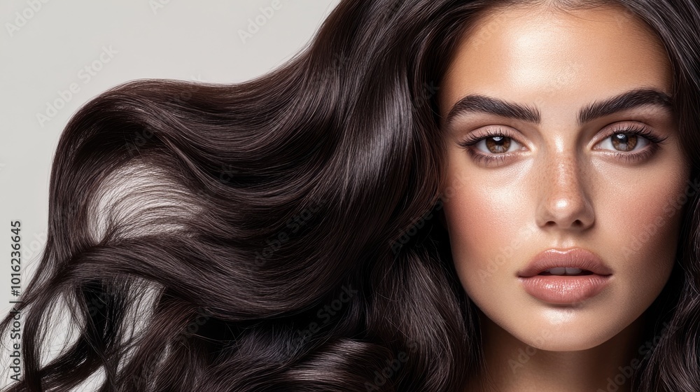 Portrait of a brunette woman with soft, naturally curly hair, showcasing her glowing skin and understated makeup for a timeless look.