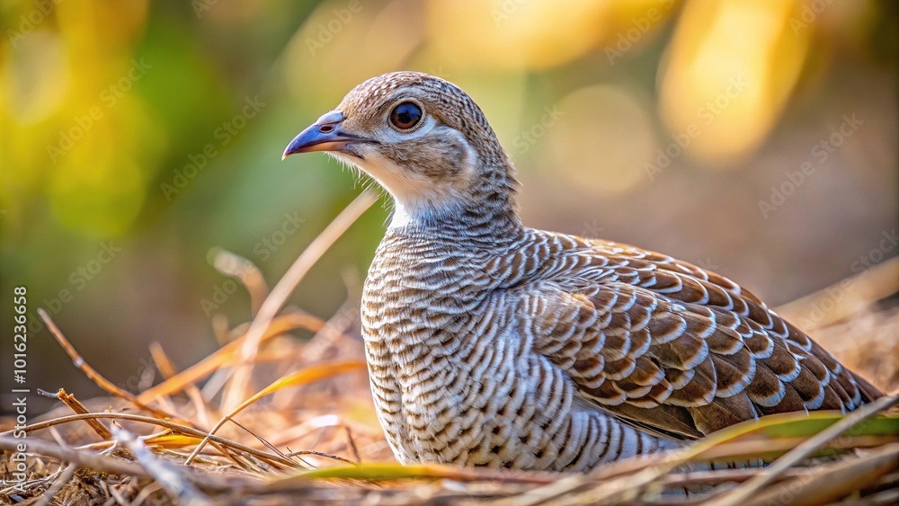 Grey francolin chick in nest surrounded by leading lines with blurred background Grey francolin chick in nest surrounded by leading lines with blurred background