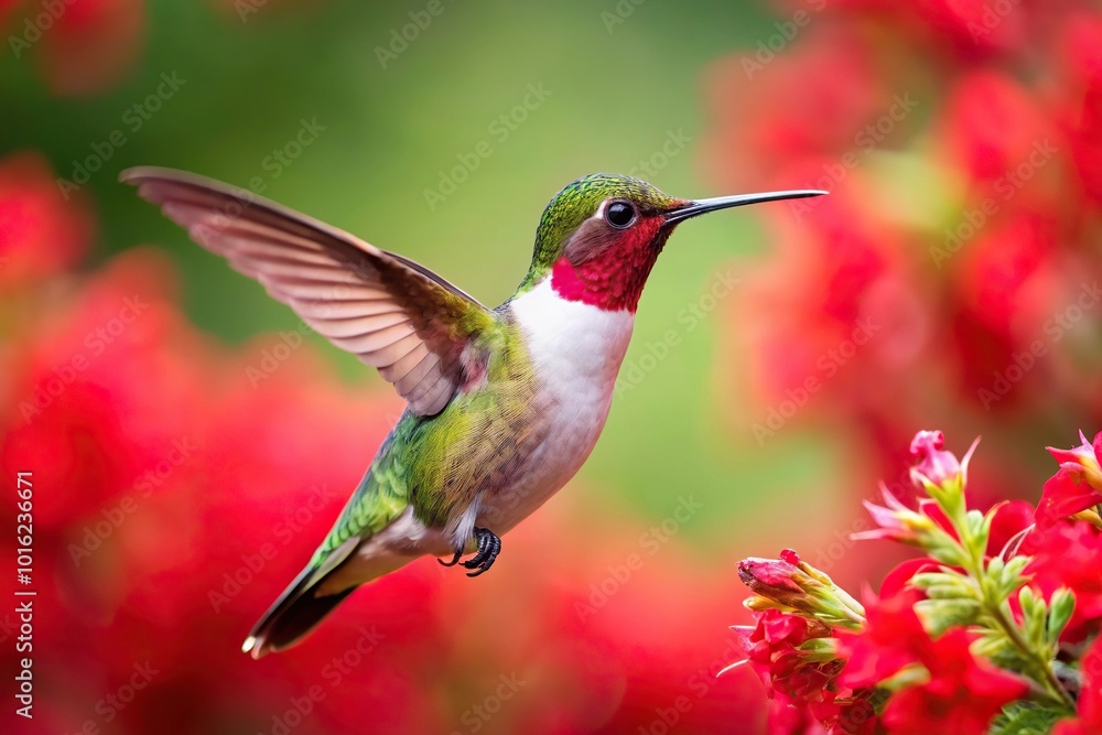 Fototapeta premium Macro Ruby throated Hummingbird Hovering Near Red Flowers