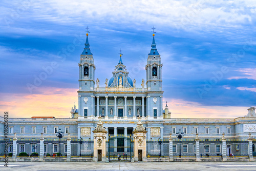 Facade and exterior architecture in the Almudena Cathedral, Madrid, Spain
