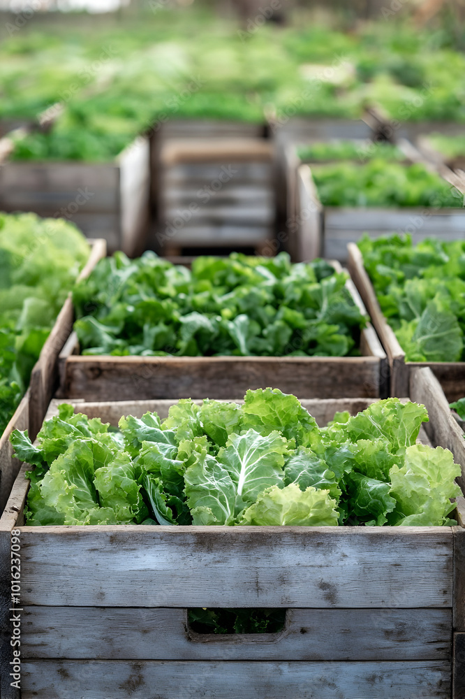 Lettuce harvested in wooden boxes in a warehouse. Natural organic fruit abundance. Healthy and natural food storing and shipping concept. Lettuce harvested in wooden boxes in a warehouse. Natural organic fruit abundance. Healthy and natural food storing and shipping concept.