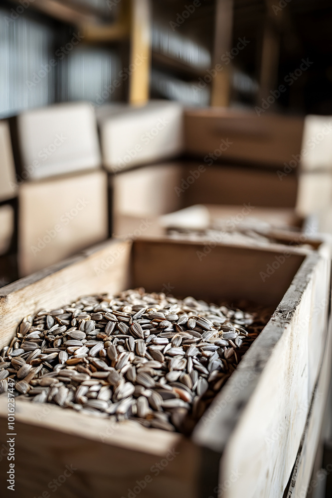 Sunflower seeds harvested in wooden boxes in a warehouse. Natural organic fruit abundance. Healthy and natural food storing and shipping concept. Sunflower seeds harvested in wooden boxes in a warehouse. Natural organic fruit abundance. Healthy and natural food storing and shipping concept.