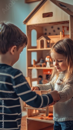 Two children interact joyfully while arranging toys inside a wooden dollhouse together