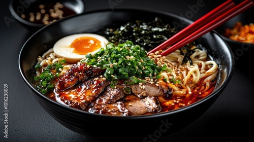 A savory ramen bowl topped with grilled meat, eggs, green onions, seaweed, and sesame seeds, capturing culinary artistry with vibrant colors and rich textures.