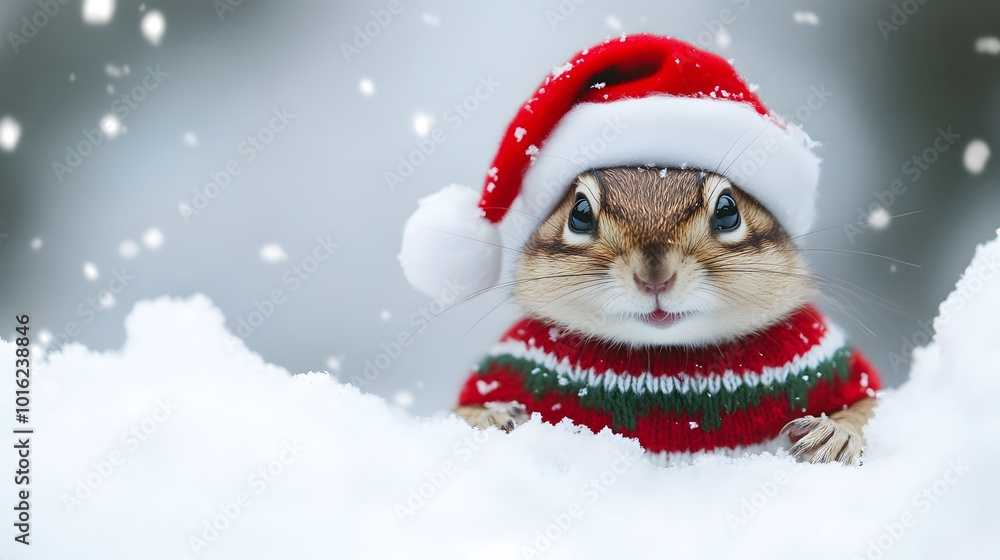 A Christmas Chipmunk Wearing a Santa Hat and Sweater in the Snow A Christmas Chipmunk Wearing a Santa Hat and Sweater in the Snow