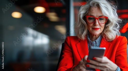 A striking woman in a red blazer, embodying power and focus, adeptly manages her phone and laptop tasks in a brightly lit modern workspace, representing efficiency.