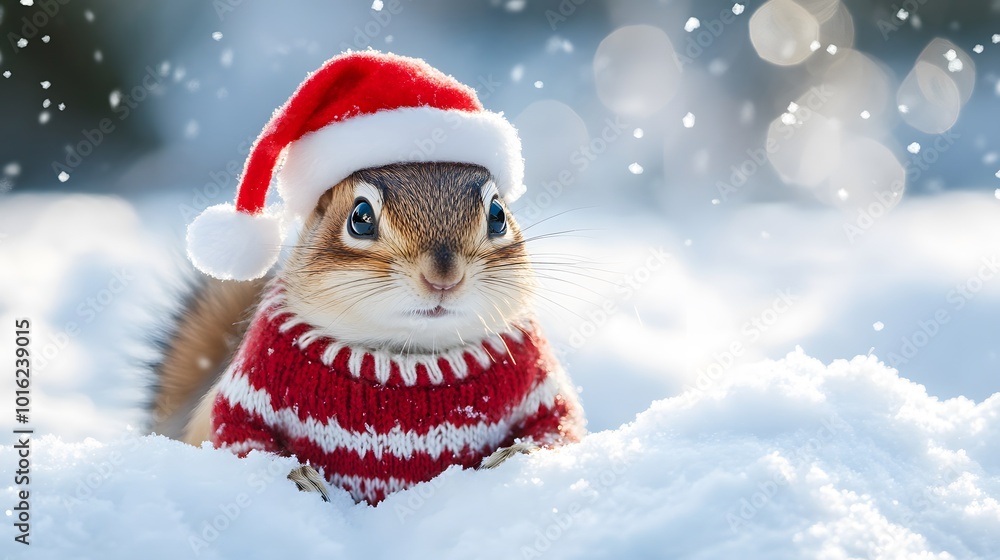 A Chipmunk Dressed in a Red Santa Hat and Sweater in the Snow A Chipmunk Dressed in a Red Santa Hat and Sweater in the Snow
