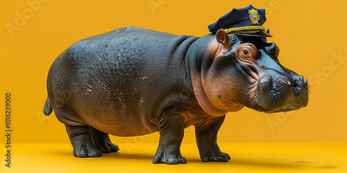 Cheerful Hippo Wearing Officer Hat Against Bright Yellow Background Showcasing Playful Charm and Whimsical Character photo