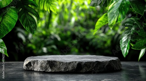 A rugged, raw stone platform is set amidst an array of lush green leaves, combining elements of wild nature, tactile texture, and naturalistic design aesthetics. photo