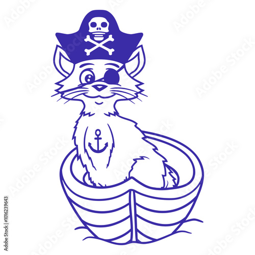 Cute Pirate Cat Pet Captain Eye Patch Row Boat