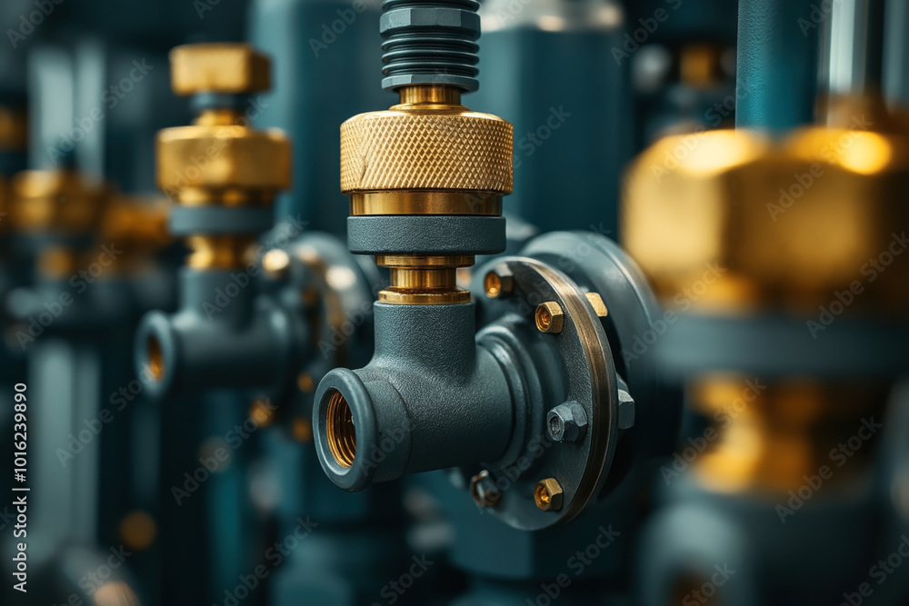 Close-up of industrial valves with brass and metallic components, part of a pipeline system. The image focuses on the detailed design and assembly of the valves. Close-up of industrial valves with brass and metallic components, part of a pipeline system. The image focuses on the detailed design and assembly of the valves.