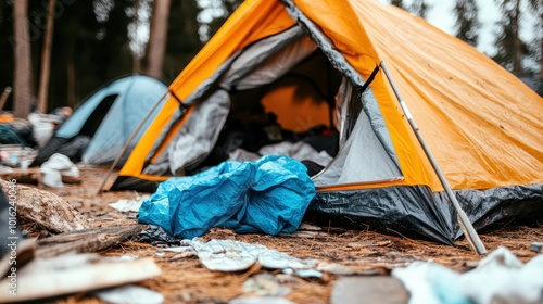 A close-up view of a messy camping tent with its entrance open, showing a disorganized pile of belongings and trash on the muddy ground in a forest setting. photo