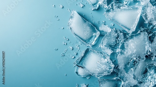 Crystal clear ice cubes are scattered over a blue background, evoking a refreshing and cool feeling, ideal for concepts related to freshness and modern aesthetics.