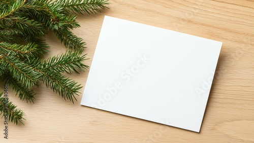 Blank greeting card with evergreen branches on a wooden table during the holiday season