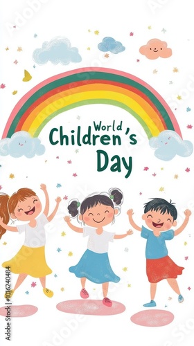 Kids joyfully celebrate Children's Day under a bright rainbow, all smiling with delight