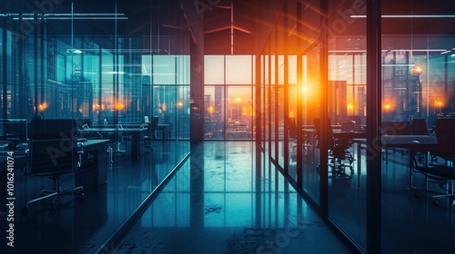 A spacious conference room that offers an amazing view of a city at sunset