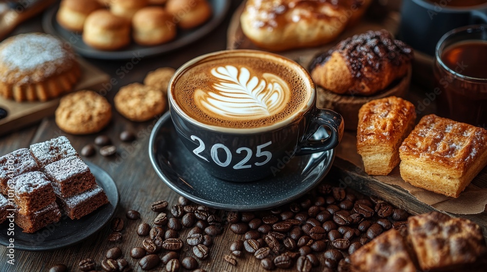 Latte art portrays 2025, surrounded by pastries and coffee beans on a wooden table