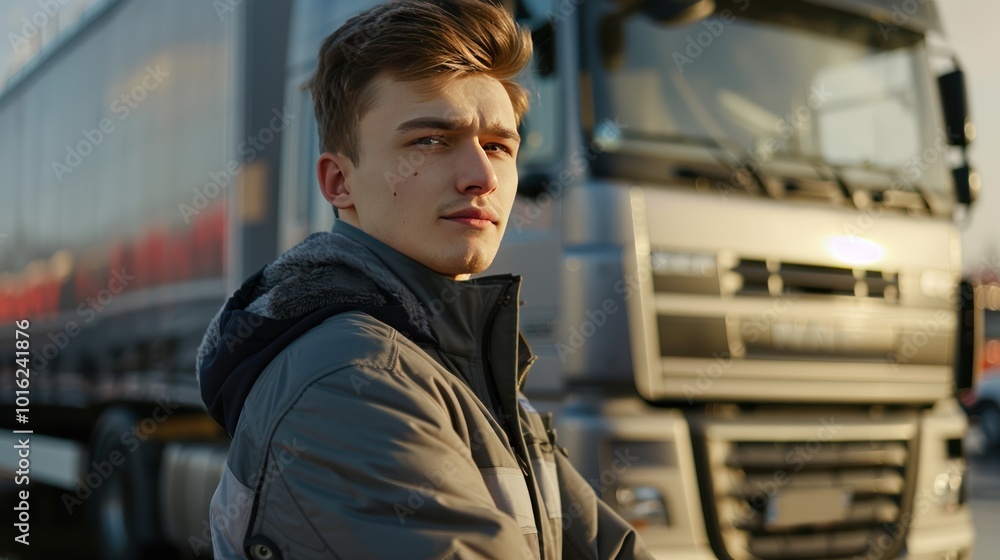 Young Man Standing Near Large Semi-Truck Young Man Standing Near Large Semi-Truck