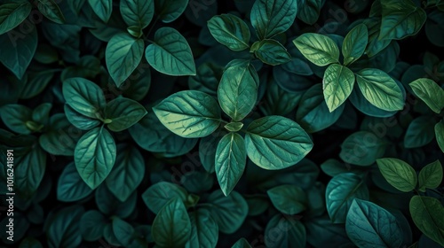 A vibrant bunch of green leaves set against a dark background