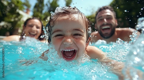 A laughing family in a pool, splashed with water; a dynamic and joyful moment showcasing themes of happiness, unity, and the fun of summer activities. photo