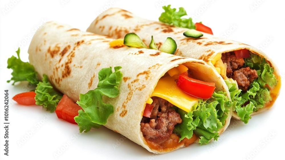 Realistic Burrito with Vegetables and Meat on White Background Close-up Food Image for Culinary Projects. Generative AI Realistic Burrito with Vegetables and Meat on White Background Close-up Food Image for Culinary Projects. Generative AI
