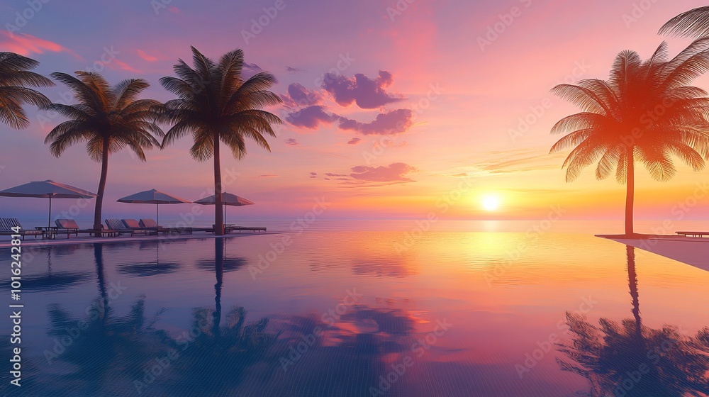 Tropical paradise with a stunning pool, palm tree reflections, and a vibrant sunset sky. The luxurious beach offers an infinity pool, lounge chairs, and umbrellas for a perfect getaway. Tropical paradise with a stunning pool, palm tree reflections, and a vibrant sunset sky. The luxurious beach offers an infinity pool, lounge chairs, and umbrellas for a perfect getaway.