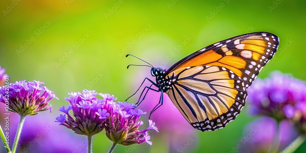 Monarch butterfly resting on purple flower with green background. Low angle view Monarch butterfly resting on purple flower with green background. Low angle view