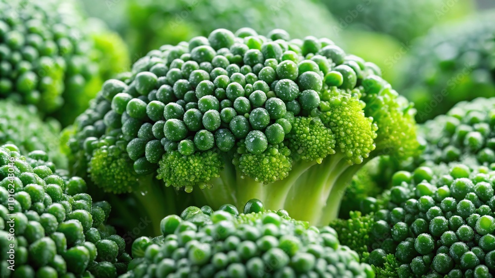 Macro shot of fresh broccoli florets with water droplets Macro shot of fresh broccoli florets with water droplets