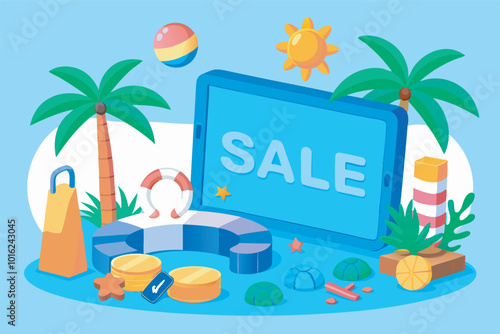 A vibrant summer sale ad with a central "SALE" screen surrounded by beach-themed items suggesting a fun shopping event.
