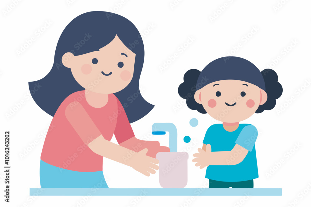 Cartoon shows mother and daughter happily washing hands together with soap at a sink, emphasizing the importance of hygiene education in a warm, loving atmosphere. Cartoon shows mother and daughter happily washing hands together with soap at a sink, emphasizing the importance of hygiene education in a warm, loving atmosphere.