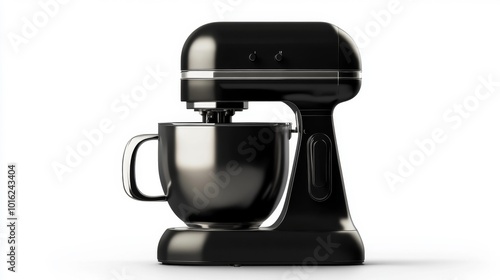 Black electric stand mixer on a white background realistic rendering with a sleek design and metallic bowl perfect for baking and kitchen appliance advertising.. Generative AI