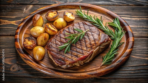 Grilled ribeye beef steak with rosemary and potatoes on wooden plate, high angle view