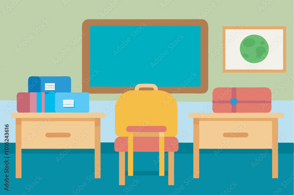 Fototapeta premium Empty classroom with green walls, blue floor. Desks with items, blackboard, Earth picture, textbooks, suitcase. Quiet study environment.